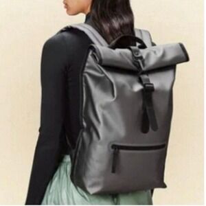 NWT Rains Rolltop Rucksack in Metallic Gray Backpack $150